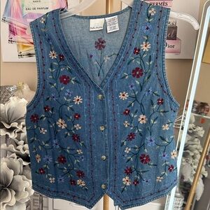 Bobbie Brooks Denim Vest with Red and Blue Embroidery